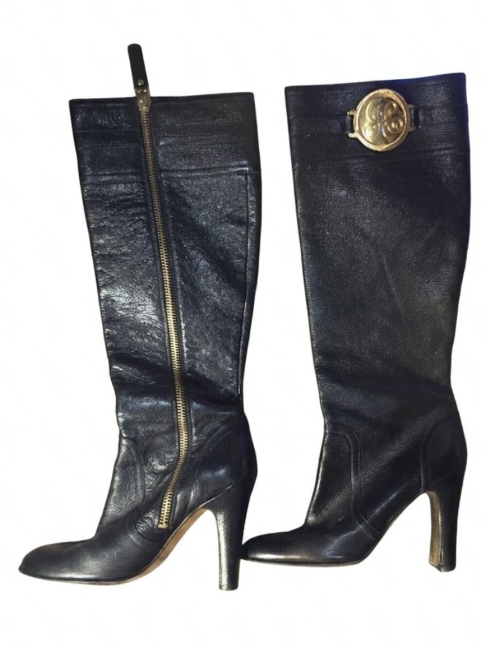 Juicy Couture Black Knee-High Leather Stiletto Boots with Gold Medallion - Picture 4 of 4